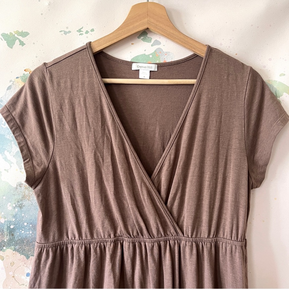 Garnet Hill Dress Size Medium Babydoll Mini Light Brown Surplice Neck Short Slv - Picture 2 of 10